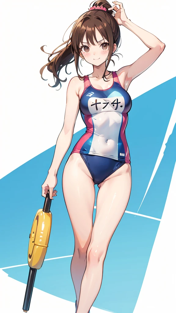 One piece type competitive swimsuit Brown hair ponytail Great style blush smile Standing facing forward Up to the knee