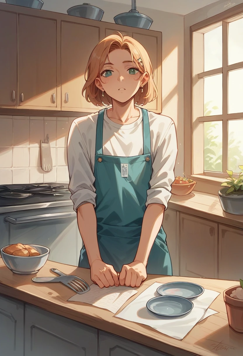 ((best quality)), ((highly detailed)), absurdres, (detailed eyes, deep eyes), (1girl), pov, ((flip-flops)), dancer, dancing, (indoors, in a kitchen, apron), <lora:shouhui:1>, shouhui