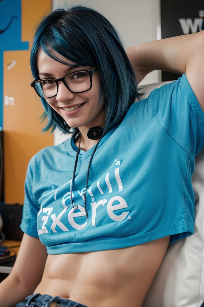 Slim, glasses, dyed blue hair, quirky, casual, fun-loving, gamer, nerdy, smiling, full color, real  18 years old, 4k, portrait shot close