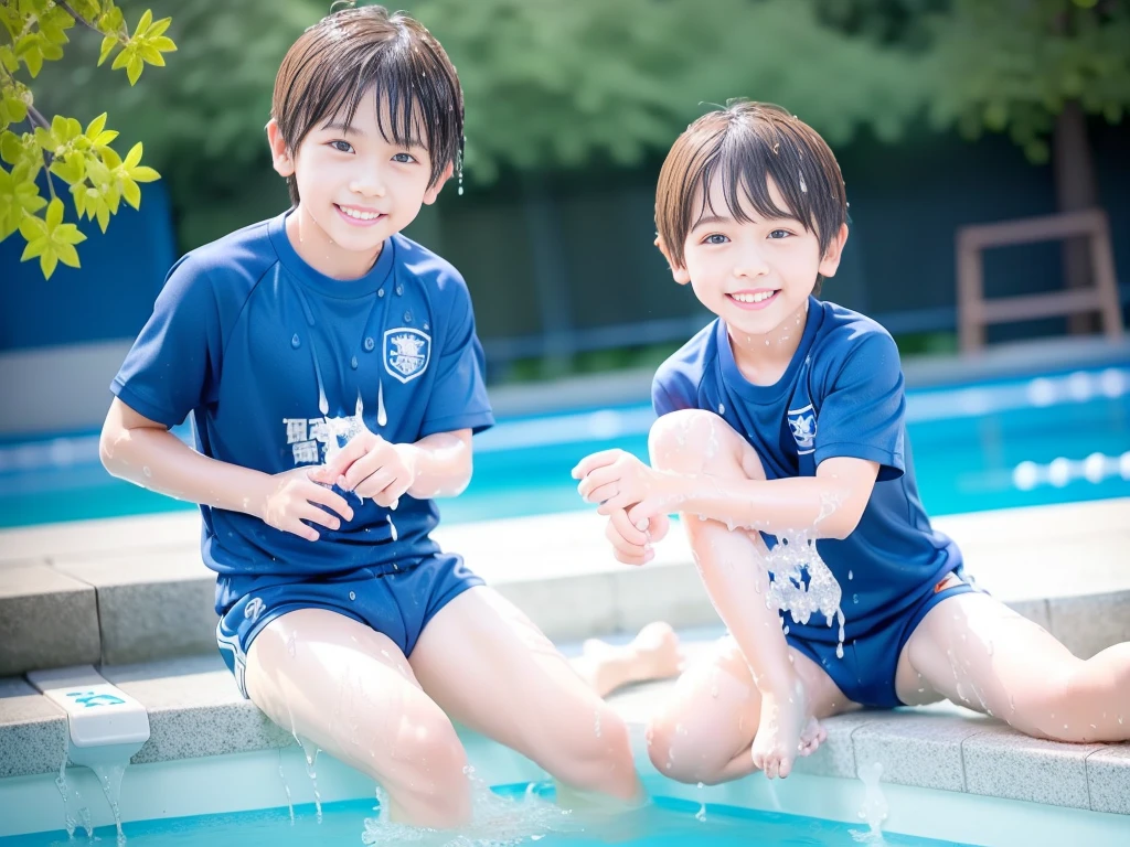 hot summer、、Summer swimming pool、Have fun、Get wet all over、Japan Boy、Glowing water splashes、Pool lessons、Boy playing in water、The happy boys、Strong sunlight、Short sleeve gym uniform、Blue shorts、barefoot,Boys only 、10age、high resolution、masterpiece