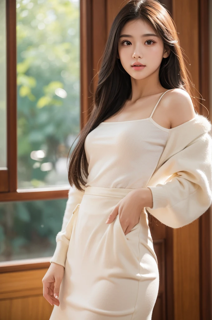 superb, amazing, Ultra-high image quality, Practical, girl, (Beautiful Face 1.4), (Large target, Tightening waist), Long hair, indoors, Bokeh, Beautiful light, Glowing skin, Small head,think