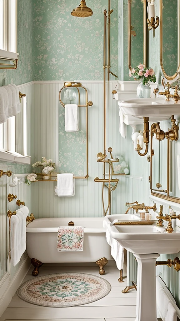 The vintage bathroom brings a charming retro vibe with elements reminiscent of bygone eras. Expect antique-style fixtures, floral patterns, and pastel colors. Key features often include clawfoot bathtubs, pedestal sinks, and brass or copper taps, all contributing to a nostalgic and cozy atmosphere.