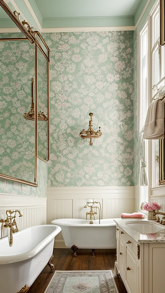 The vintage bathroom brings a charming retro vibe with elements reminiscent of bygone eras. Expect antique-style fixtures, floral patterns, and pastel colors. Key features often include clawfoot bathtubs, pedestal sinks, and brass or copper taps, all contributing to a nostalgic and cozy atmosphere.