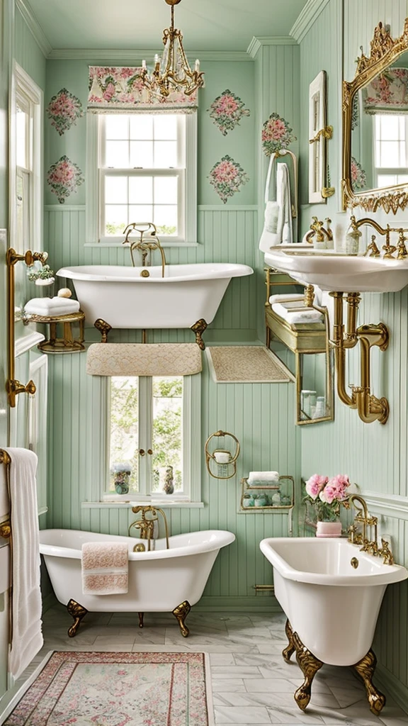 The vintage bathroom brings a charming retro vibe with elements reminiscent of bygone eras. Expect antique-style fixtures, floral patterns, and pastel colors. Key features often include clawfoot bathtubs, pedestal sinks, and brass or copper taps, all contributing to a nostalgic and cozy atmosphere.