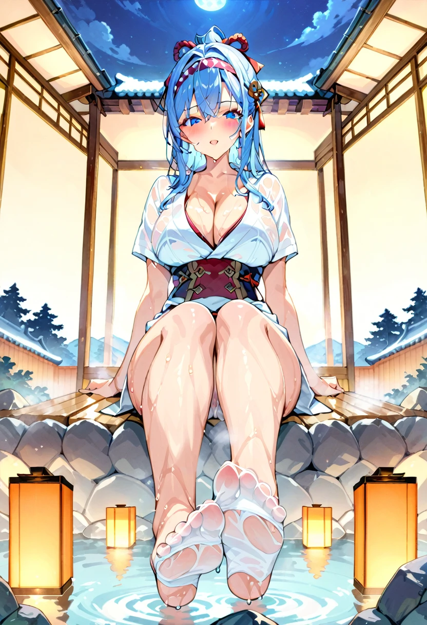 nsfw, super best masterpiece, super best masterpiece, super best high quality, super best high quality, super best high resolution, super best high detail, 4K, super animation, Japanese, 1 woman, beautiful older sister type beauty, 20 years old, blushing, smiling shyly, beautiful face, beautiful eyes, black short mesh hair, super super extra large super huge breasts, huge breasts, super model figure, nipples, areola, naked, pubic hair, thick pubic hair, hot spring, magnificent and fantastical hot spring,