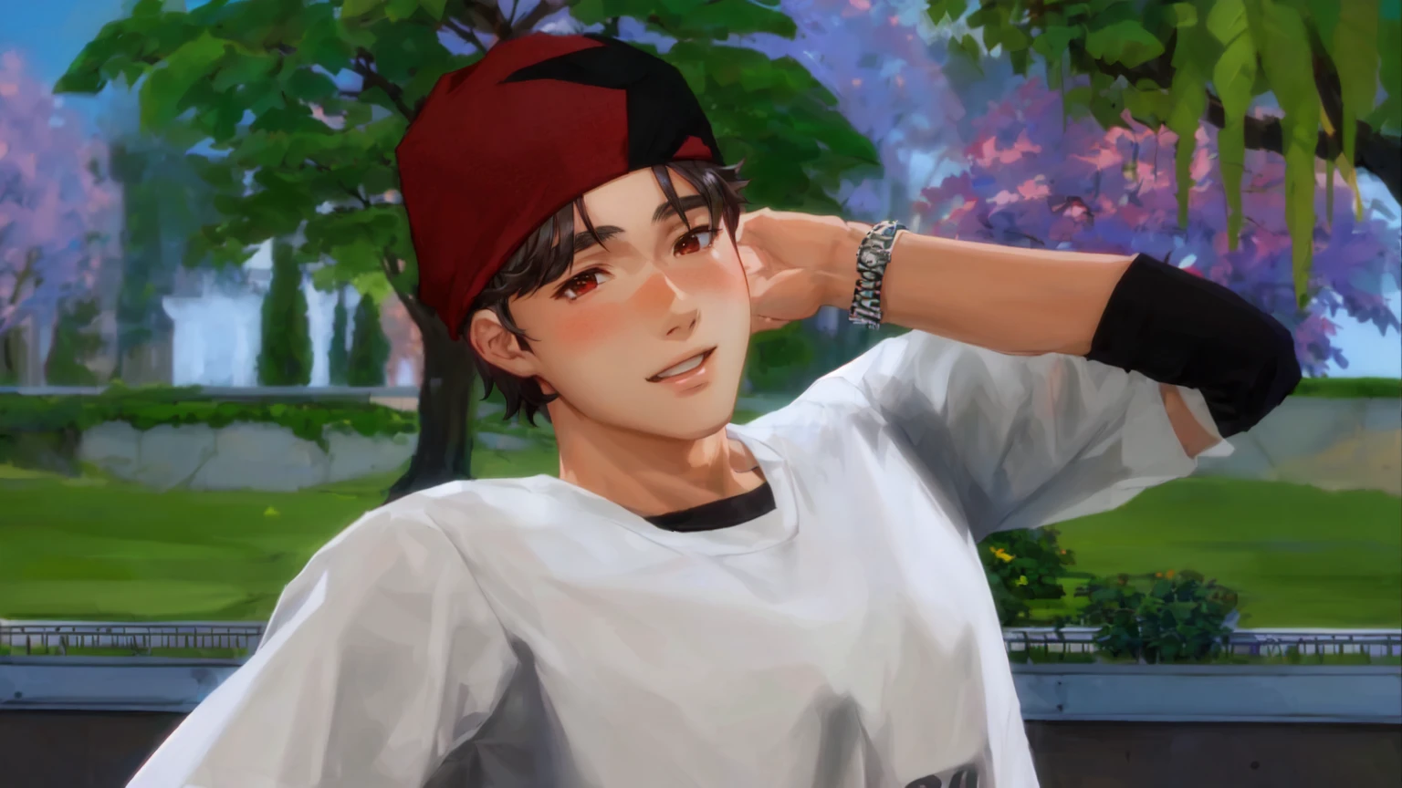 boy wearing red cap and white shirt, skin tanned, 16 years old, anime boy