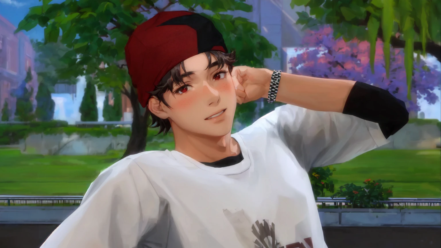 boy wearing red cap and white shirt, skin tanned, 16 years old, anime boy