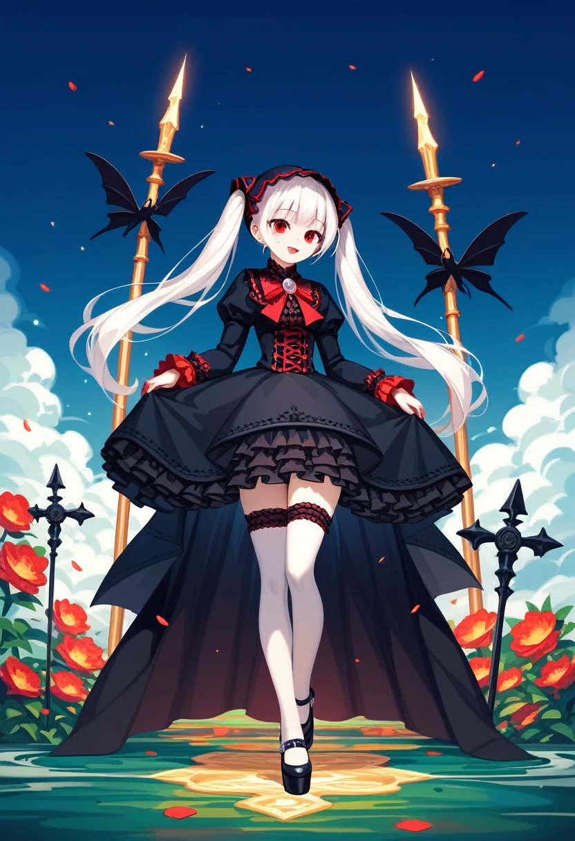 masterpiece, top-quality, masterpiece, top-quality,ighly detailed,{top-quality}, {{masterpiece}}, {hight resolution},original, {extremely delicate and beautiful},masterpiece, top-quality,ighly detailed,{top-quality},white hair, gothic lolita, full body, standing, white thighhighs, short dress, black dress, twintails,