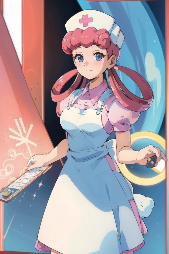 (masterpiece, Highest quality:1.2), nurse joy, Pokemon, blue eyes, Mouth closed, Long Hair, Pink Hair, Short sleeve, nurse, blush, Holding, puffy Short sleeve, Large Breasts, Puff sleeves,  nurse cap, One girl, View your viewers, smile, alone, Have, dress, apron, Hair Ring, clipboard 