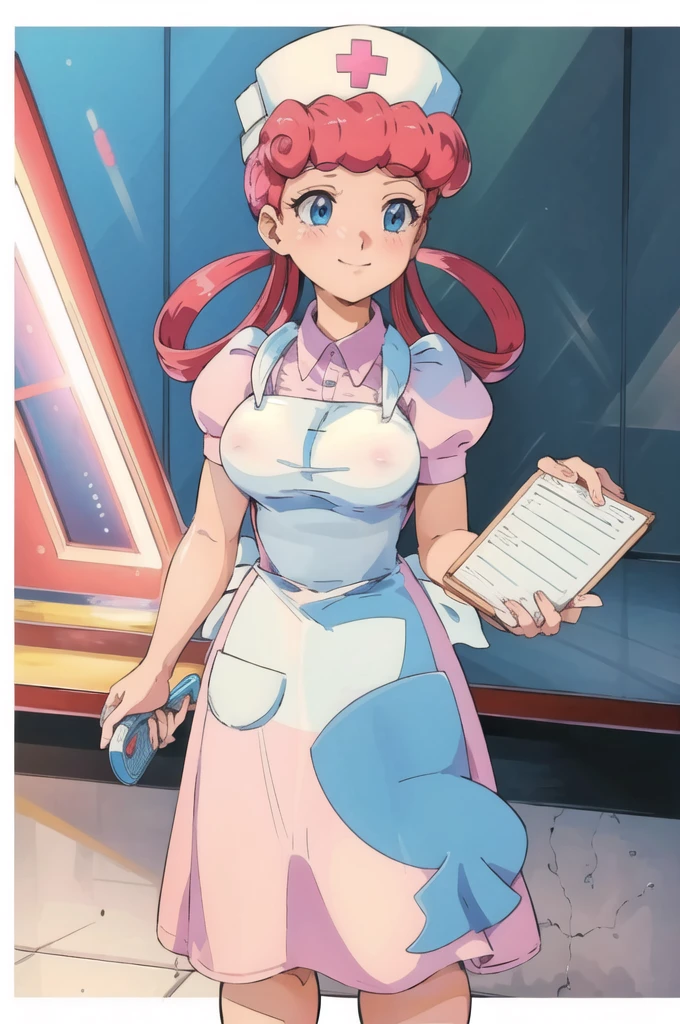 (masterpiece, Highest quality:1.2), nurse joy, Pokemon, blue eyes, Mouth closed, Long Hair, Pink Hair, Short sleeve, nurse, blush, Holding, puffy Short sleeve, Large Breasts, Puff sleeves, nurse cap, One girl, View your viewers, smile, alone, Have, dress, apron, Hair Ring, clipboard