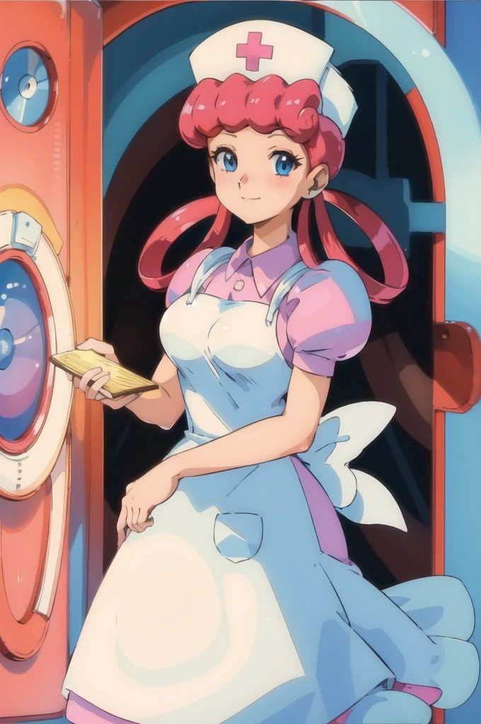 (masterpiece, Highest quality:1.2), nurse joy, Pokemon, blue eyes, Mouth closed, Long Hair, Pink Hair, Short sleeve, nurse, blush, Holding, puffy Short sleeve, Large Breasts, Puff sleeves,  nurse cap, One girl, View your viewers, smile, alone, Have, dress, apron, Hair Ring, clipboard 