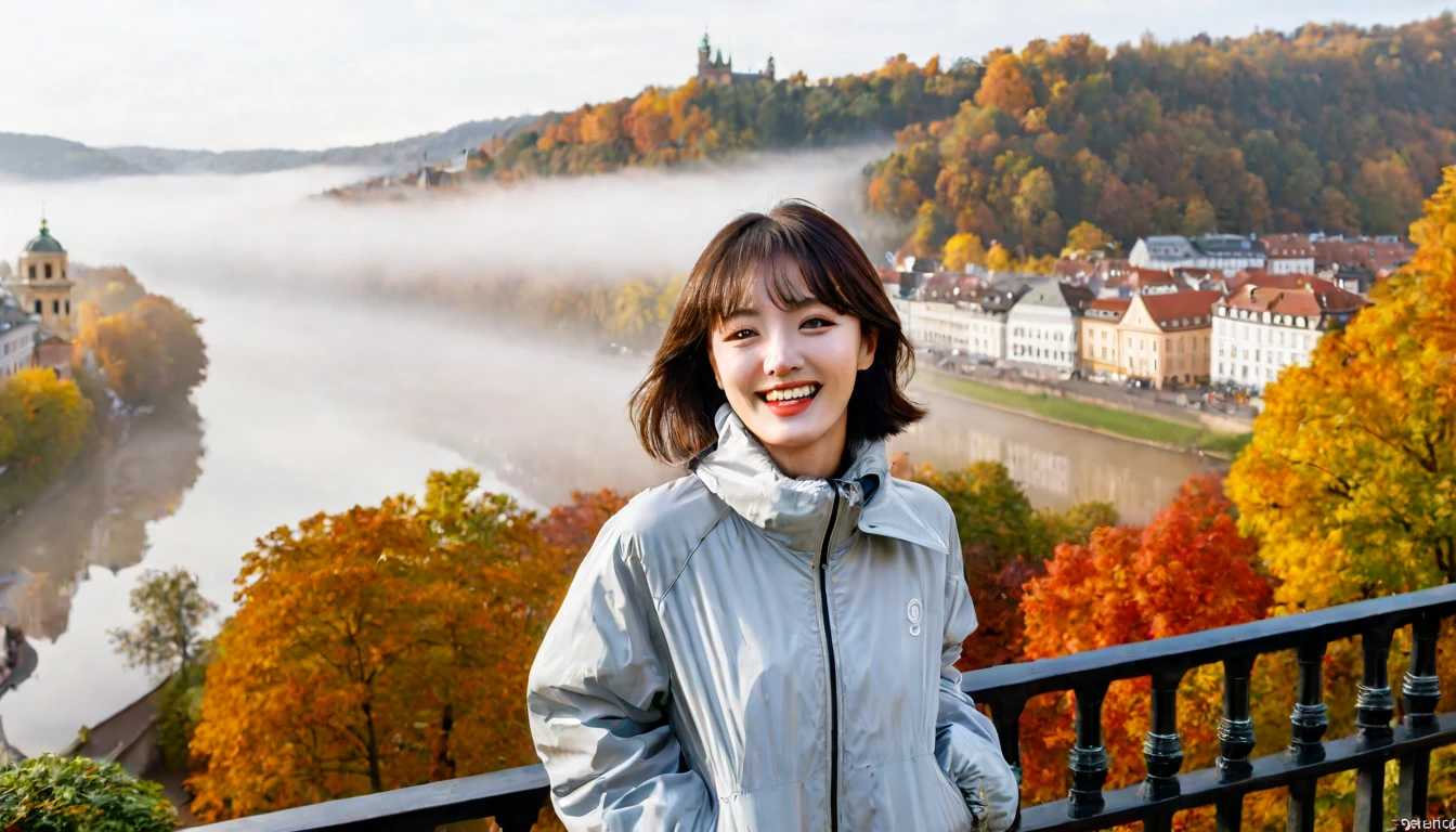 high quality, 1 woman, ((36 years old 건강한 한국 여성)), ((36 years old)), 1 woman, The eyes are big and beautiful. ((slim)), ((short medium hair)), laugh. pose: standing, High-end luxury windbreaker jacket, background: Your residence is a baroque townhouse with a plaster façade and wrought iron railings.... Overlooking the Heidelberg River, Germany, autumn, Morning fog,, looking slightly upward, 1 woman, Full body shot with Canon 16-34 wide angle lens, View: river view, look sideways, There is a thick fog in the river.