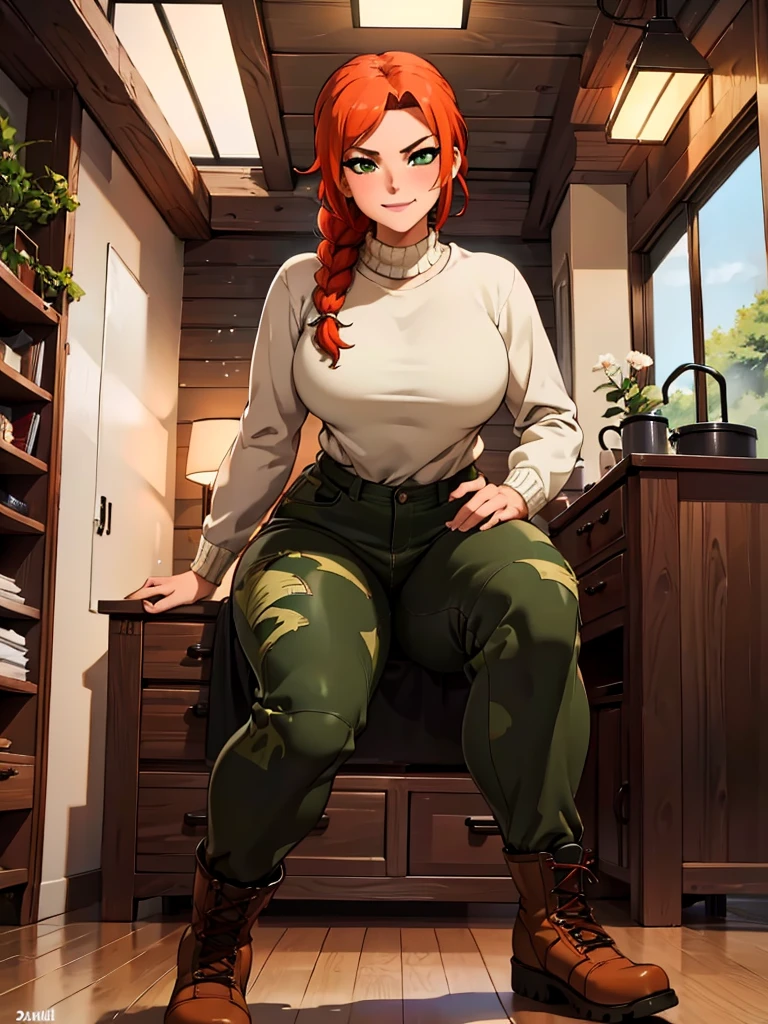 (best quality,4k,8k,highres,masterpiece:1.2),ultra-detailed,realistic:1.37,portrait, very sexy   girl lesbian redhead, braided hair, beautiful green eye, seductive, warm sweater,  camouflage beanie, camouflage pants, army boots, smirking, cozy lighting, vibrant colors. Futanari, lewd,    night, crotesc ,  erotic 