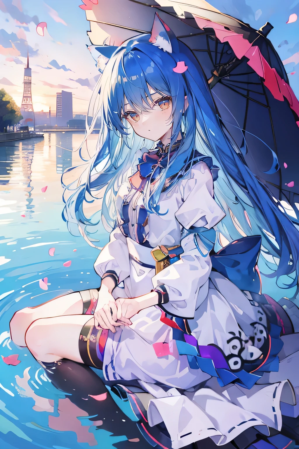 (masterpiece:1.2),Super detailed,lifelike,Expressive eyes,fair skin,perfect face shape,1 girl,
Japanese comics,Gorgeous blue hair,flowing blue hair,flowing clothes,Cat ears,Petals fall,beautiful lola,Baby Angel,
Shaking head with one hand,Cross your legs,,The pavilion is cool and comfortable,smile,back views,sunrise,Petals fall, winter,lie on the water,tokyo back views.