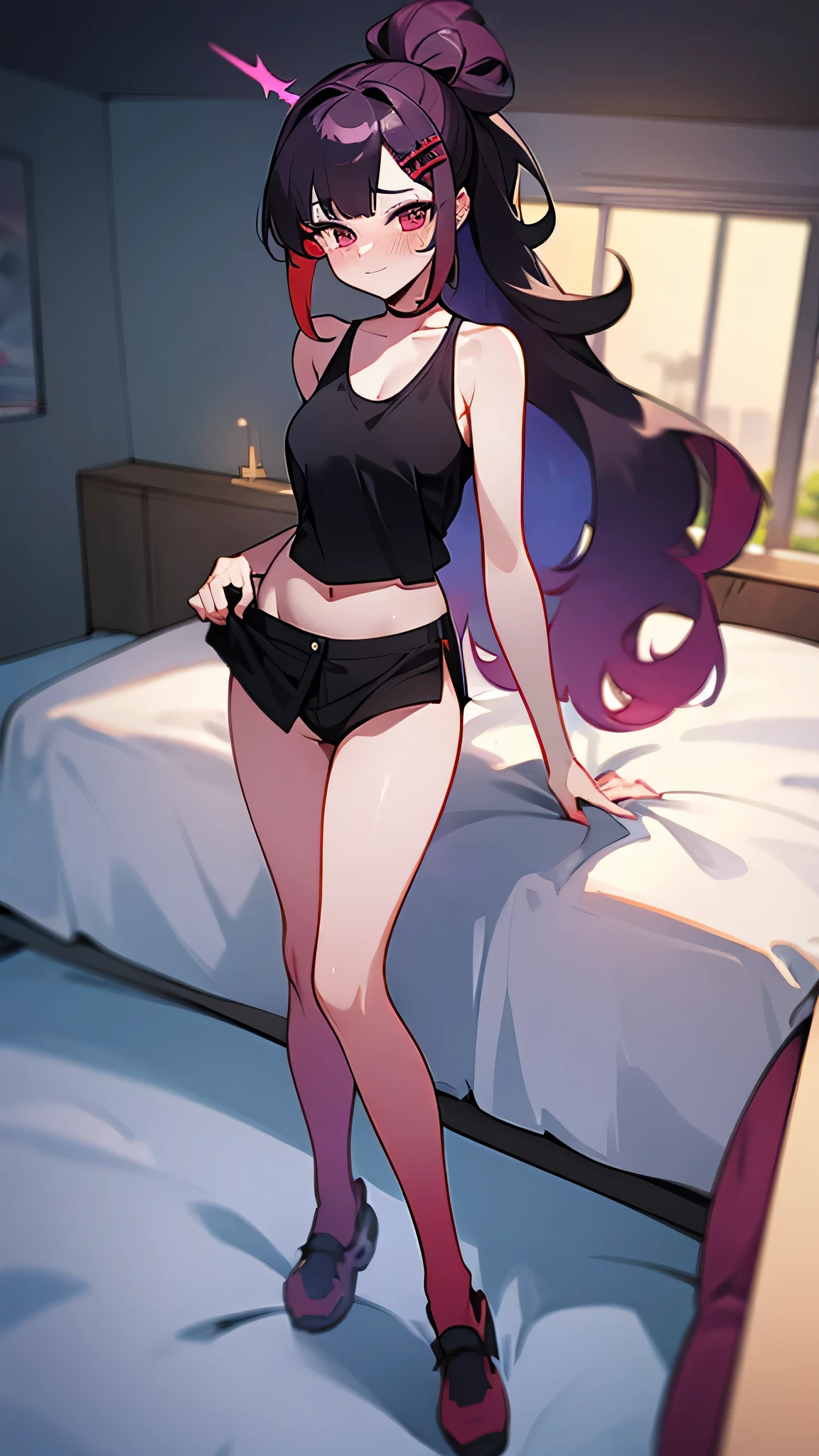 high tail hairstyle, Ponytail hairstyle, Long wavy black hair, standing posing, anime girl style, pixel art anime style,penetrating look with deep eyes,red and purple eyes, hair with a ponytail hairstyle trapped with a big red bun, Women, red hair clips, x color shaped hair clips , smiling face blush, next to his bed, lingerie, Tank Top, Black hair, mini skirt, big thighs,