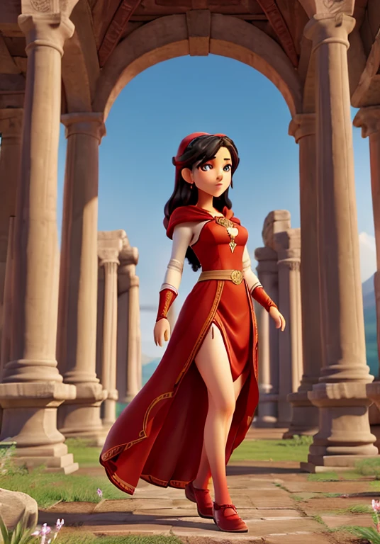 a painting of a woman in a red dress holding a red heart, black hair, white clothes, red cloak with hood. Landscape in the background reminds us of ancient Rome, with a building with large pillars and long hair. Mandala. Priestess. . Similar Liv Tyler.