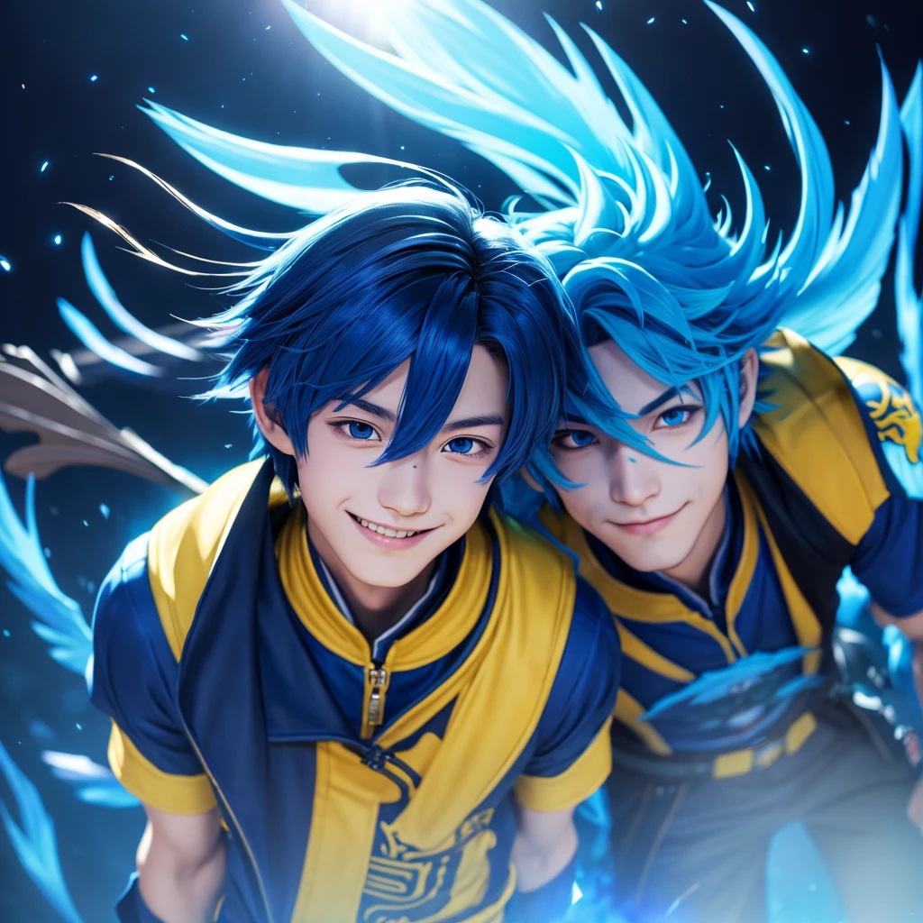 a standing next to a guy with blue wings that looks like he is a Japanese anime style, Gaming texture, manga cover style, Dota2 hero VConUPLE, A close up of A man Person Walking Facing Right, high angle perspective, a Mouth Smile, Boys Face style, Black with Blue Japanese Hairstyles For Men, Yellow_Eyes, skill Efforts, light, Blue flames cool, High, a anime Highest style, Blue Hair, powerful, T-shirts, Color cape Blue, a in cool Realistis, a scenery sunset background Buram Perbesaran, digital anime style, sunset, UHD, Lens flare, digital Style, manga cover style, 3d cg rendering, HD Best quality