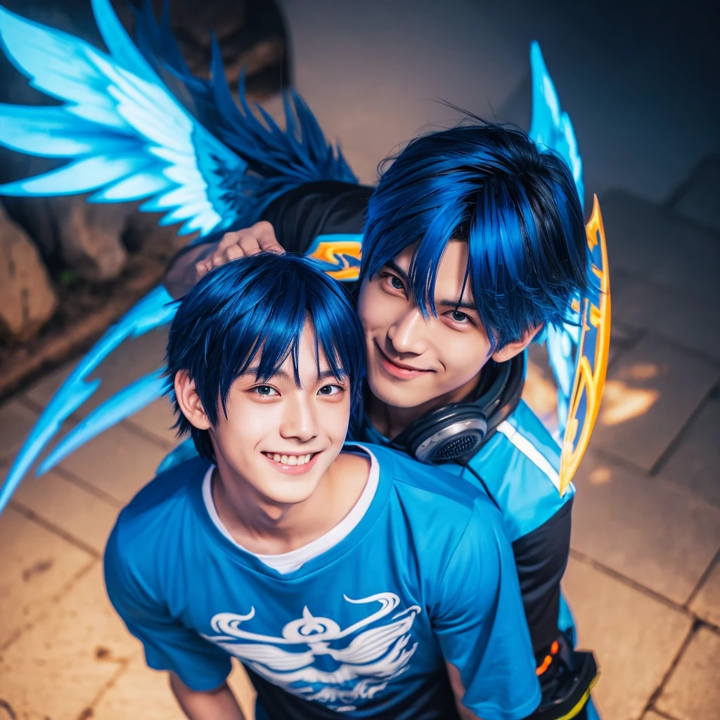 a standing next to a guy with blue wings that looks like he is a Japanese anime style, Gaming texture, manga cover style, Dota2 hero VConUPLE, A close up of A man Person Walking Facing Right, high angle perspective, a Mouth Smile, Boys Face style, Black with Blue Japanese Hairstyles For Men, Yellow_Eyes, skill Efforts, light, Blue flames cool, High, a anime Highest style, Blue Hair, powerful, T-shirts, Color cape Blue, a in cool Realistis, a scenery sunset background Buram Perbesaran, digital anime style, sunset, UHD, Lens flare, digital Style, manga cover style, 3d cg rendering, HD Best quality