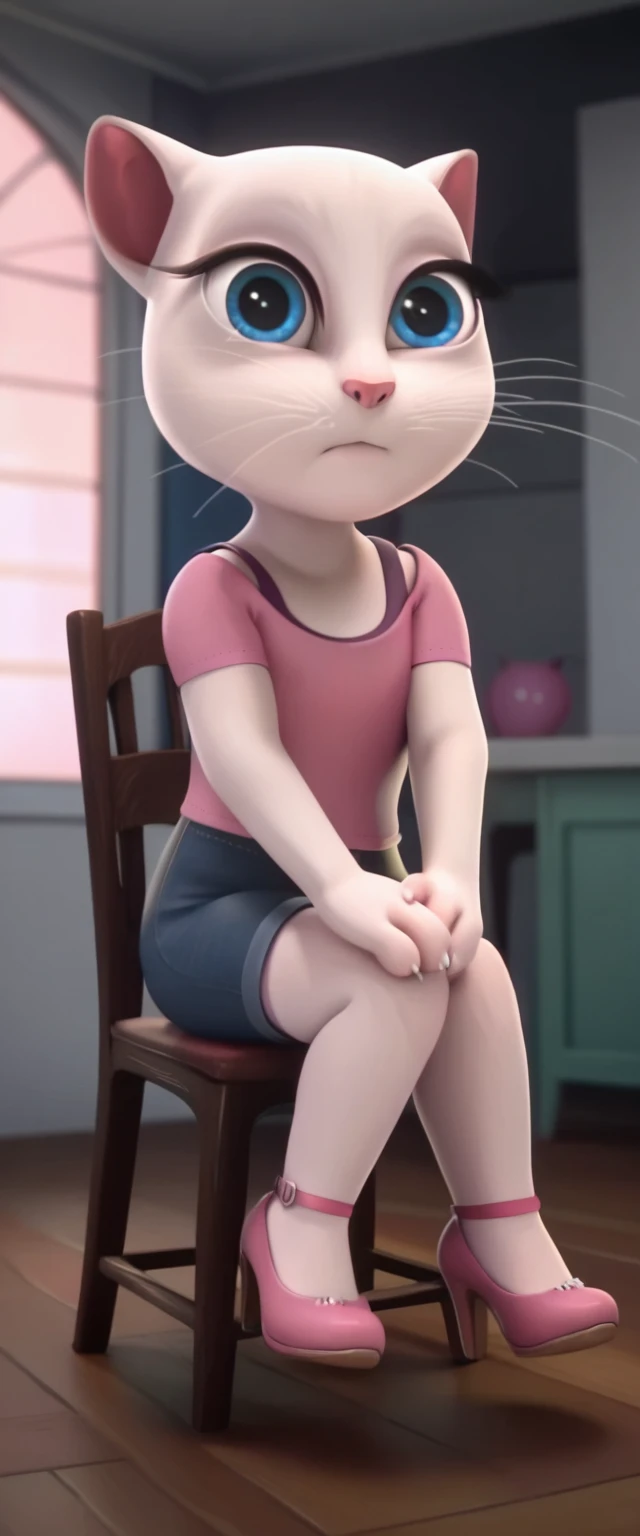 1 girl, cat, white fur, long whiskers on both sides of the face, large bright blue eyes, large black eyelashes, small pink nose, triangular ears with pink channels.   The body is naked. There are high-heeled shoes.  side focused view woman sitting on chair with legs crossed