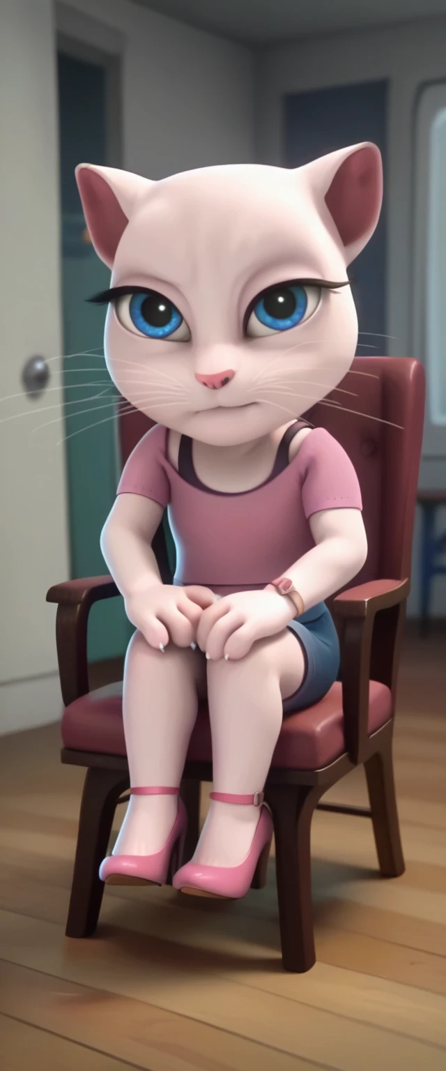 solo focus, a_la, 1girl, cat, white fur, long whiskers on both sides of the face, big bright blue eyes, big black eyelashes, pink nose, triangular ears with pink channels, high heels, pink panties pulled down.  The woman's legs are together, her hands are on her ass, and 1 male person.     looking at the viewer.  bottom view of her ass with focus on atl. 
        Woman squatting on the floor lubricating man's penis