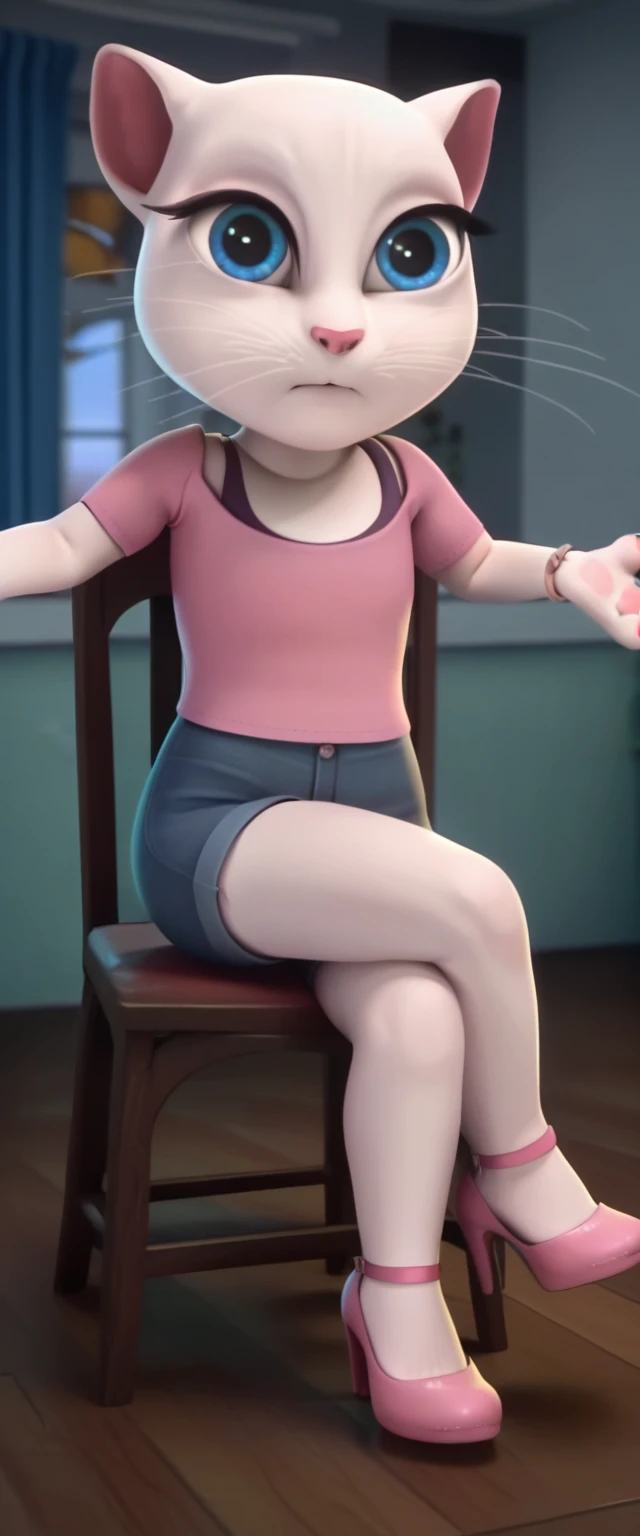 1 girl, cat, white fur, long whiskers on both sides of the face, large bright blue eyes, large black eyelashes, small pink nose, triangular ears with pink channels. The body is naked. There are high-heeled shoes. side focused view woman sitting on chair with legs crossed