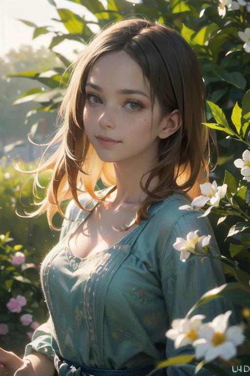 a beautiful woman in a vibrant garden, elegant long dress, flowing hair, gentle smile, serene expression, sunlight filtering through the leaves, colorful flowers blooming all around, lush greenery, photorealistic, cinematic lighting, intricate details, masterpiece, (best quality,4K,8k,highres,masterpiece:1.2),ultra-detailed,(realistic,photorealistic,photo-realistic:1.37),HDR,uhd,studio lighting,ultra-fine painting,sharp focus,physically-based rendering,extreme detail description,professional,vivid colors,bokeh,portrait,Shyness,freckles,Mole under the left eye,Smile, Cowboy Shot,A gaze that sees through everything,