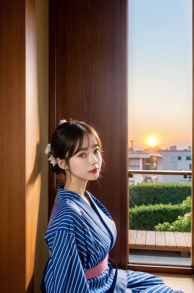 (natta:1.7), East Asian Architecture, 1womanl,Sitting on tatami mats, brunette color hair,(hair between eye), Lip flap, ,Beautiful fingers,Beautiful long legs,Beauty Body,Cute nose,Beautiful character design,perfect eyes,face perfect,looking at viewert,(Innocent_Big_Eyes:1.0),(light_Smile:0.3),offcial art,Very detailed CG Unity 8K wallpaper,Perfect litthing,highly colorful,Bright_front_Face_Lighting,(tmasterpiece:1.0),(best_quality:1.0), 超A high resolution,4K,ultra - detailed, photography of, 8K, nffsw, hight resolution, absurderes:1.2, Kodak Portra 400, film grains, the background is blurred, Bokeh:1.2, Lens Flare Glow, ( Vibrant_Color:1.2) (Beautiful,Large_breasts:1.4), (Beautiful_Face:1.5),(narrow_waist-up),8K,Raw photo, 、Relax at a ryokan in Japan、The background is the open-air bath at night at a hot spring inn (Girls are not subjects:1.3) (Hair after a bath:1.3),(Hair is wet:1.3) ((Girls are not subjects:1.2))((Draw a wide night background:1.2),((Yukata with light blue stripes isolated on white background:1.3)),(sailor suit does not need gloss at all:1.5)),((No need for a Korean yukata or Korean-style hairstyle.:1.5)),((Faithfully and realistically reproduce a pure Japan sailor suit:1.5))((Light Pink Band:1.3)),((The background is the entrance living room、At night, Overlooking the inn's large and beautiful gardens..:1.3)),((8th class))、((Light Pink Band:1.5)) ((Beautiful shiny straight short long:1.5)) sixteen years old、((Beautiful shiny straight short long:1.5))((Pink Band))、((The color of the band is pink:1.3),(Faithfully and realistically reproduce the obi of a yukata:1.3) ((Faithfully and realistically reproduce a pure Japan sailor suit:1.5)),((Walking through the corridors of the inn at night:1.3))a sense of depth、Night Hostel There are small lights and flowers in the hallway. (When you open a window, You can see a beautiful sunset outside.:1.3)