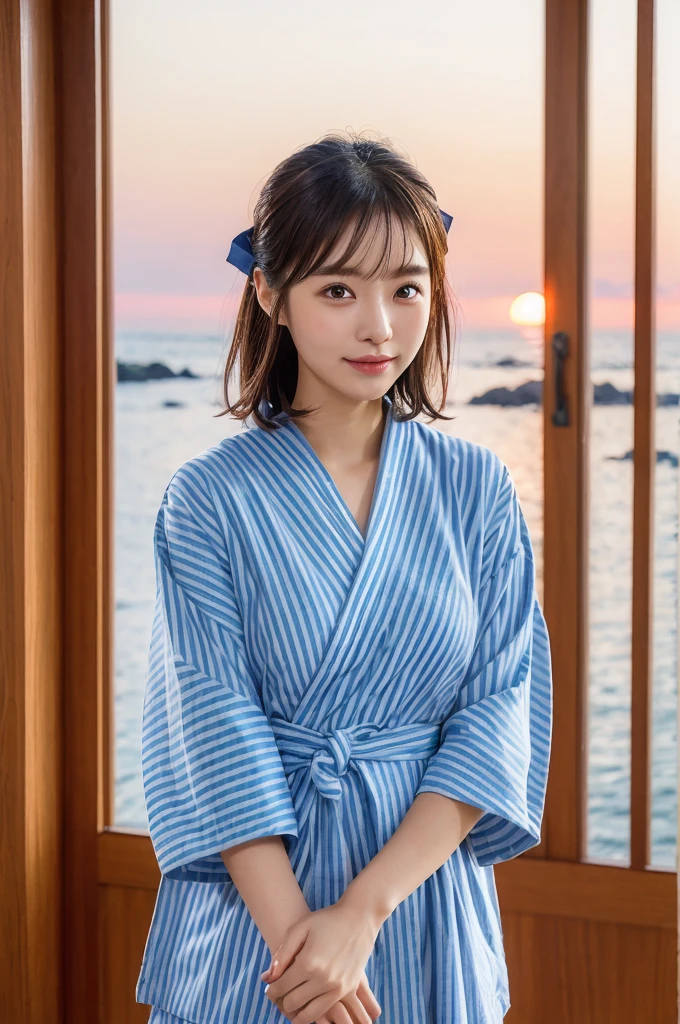 (natta:1.7), East Asian Architecture, 1womanl,Sitting on tatami mats, brunette color hair,(hair between eye), Lip flap, ,Beautiful fingers,Beautiful long legs,Beauty Body,Cute nose,Beautiful character design,perfect eyes,face perfect,looking at viewert,(Innocent_Big_Eyes:1.0),(light_Smile:0.3),offcial art,Very detailed CG Unity 8K wallpaper,Perfect litthing,highly colorful,Bright_front_Face_Lighting,(tmasterpiece:1.0),(best_quality:1.0), 超A high resolution,4K,ultra - detailed, photography of, 8K, nffsw, hight resolution, absurderes:1.2, Kodak Portra 400, film grains, the background is blurred, Bokeh:1.2, Lens Flare Glow, ( Vibrant_Color:1.2) (Beautiful,Large_breasts:1.4), (Beautiful_Face:1.5),(narrow_waist-up),8K,Raw photo, 、Relax at a ryokan in Japan、The background is the open-air bath at night at a hot spring inn (Girls are not subjects:1.3) (Hair after a bath:1.3),(Hair is wet:1.3) ((Girls are not subjects:1.2))((Draw a wide night background:1.2),((Yukata with light blue stripes isolated on white background:1.3)),(sailor suit does not need gloss at all:1.5)),((No need for a Korean yukata or Korean-style hairstyle.:1.5)),((Faithfully and realistically reproduce a pure Japan sailor suit:1.5))((Light Pink Band:1.3)),((The background is the entrance living room、At night, Overlooking the inn's large and beautiful gardens..:1.3)),((8th class))、((Light Pink Band:1.5)) ((Beautiful shiny straight short long:1.5)) sixteen years old、((Beautiful shiny straight short long:1.5))((Pink Band))、((The color of the band is pink:1.3),(Faithfully and realistically reproduce the obi of a yukata:1.3) ((Faithfully and realistically reproduce a pure Japan sailor suit:1.5)),((Walking through the corridors of the inn at night:1.3))a sense of depth、Night Hostel There are small lights and flowers in the hallway. (When you open a window, You can see a beautiful sunset outside.:1.3)