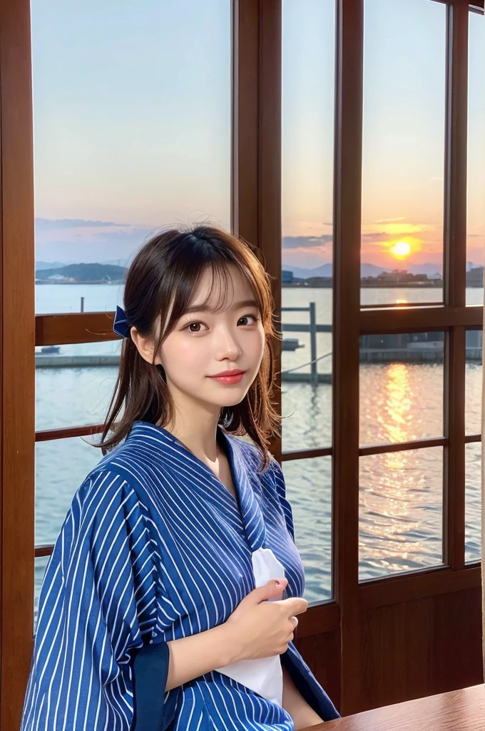 (natta:1.7), East Asian Architecture, 1womanl,Sitting on tatami mats, brunette color hair，（hair between eye）, Lip flap, ,Beautiful fingers,Beautiful long legs,Beauty Body，Cute nose，Beautiful character design，perfect  eyes，face perfect，looking at viewert，（Innocent_Big_Eyes：1.0），（light_Smile：0.3），offcial art，Very detailed CG Unity 8K wallpaper，Perfect litthing，highly colorful，Bright_front_Face_Lighting，（tmasterpiece:1.0),(best_quality:1.0), 超A high resolution,4K,ultra - detailed, photography of, 8K, nffsw, hight resolution, absurderes:1.2, Kodak Portra 400, film grains, the background is blurred, Bokeh:1.2, Lens Flare Glow, ( Vibrant_Color:1.2) (Beautiful,Large_breasts:1.4), (Beautiful_Face:1.5),(narrow_waist-up),8K,Raw photo, 、Relax at a ryokan in Japan、The background is the open-air bath at night at a hot spring inn (Girls are not subjects:1.3) (Hair after a bath:1.3),(Hair is wet:1.3) ((Girls are not subjects:1.2))((Draw a wide night background:1.2),((Yukata with light blue stripes isolated on white background:1.3)),(sailor suit does not need gloss at all:1.5)),((No need for a Korean yukata or Korean-style hairstyle.:1.5)),((Faithfully and realistically reproduce a pure Japan sailor suit:1.5))((Light Pink Band:1.3)),((The background is the entrance living room、At night, Overlooking the inn's large and beautiful gardens..:1.3)),((8th class))、((Light Pink Band:1.5)) ((Beautiful shiny straight short long:1.5)) sixteen years old、((Beautiful shiny straight short long:1.5))((Pink Band))、((The color of the band is pink:1.3),(Faithfully and realistically reproduce the obi of a yukata:1.3) ((Faithfully and realistically reproduce a pure Japan sailor suit:1.5)),((Walking through the corridors of the inn at night:1.3))a sense of depth、Night Hostel　There are small lights and flowers in the hallway. (When you open a window, You can see a beautiful sunset outside.:1.3)