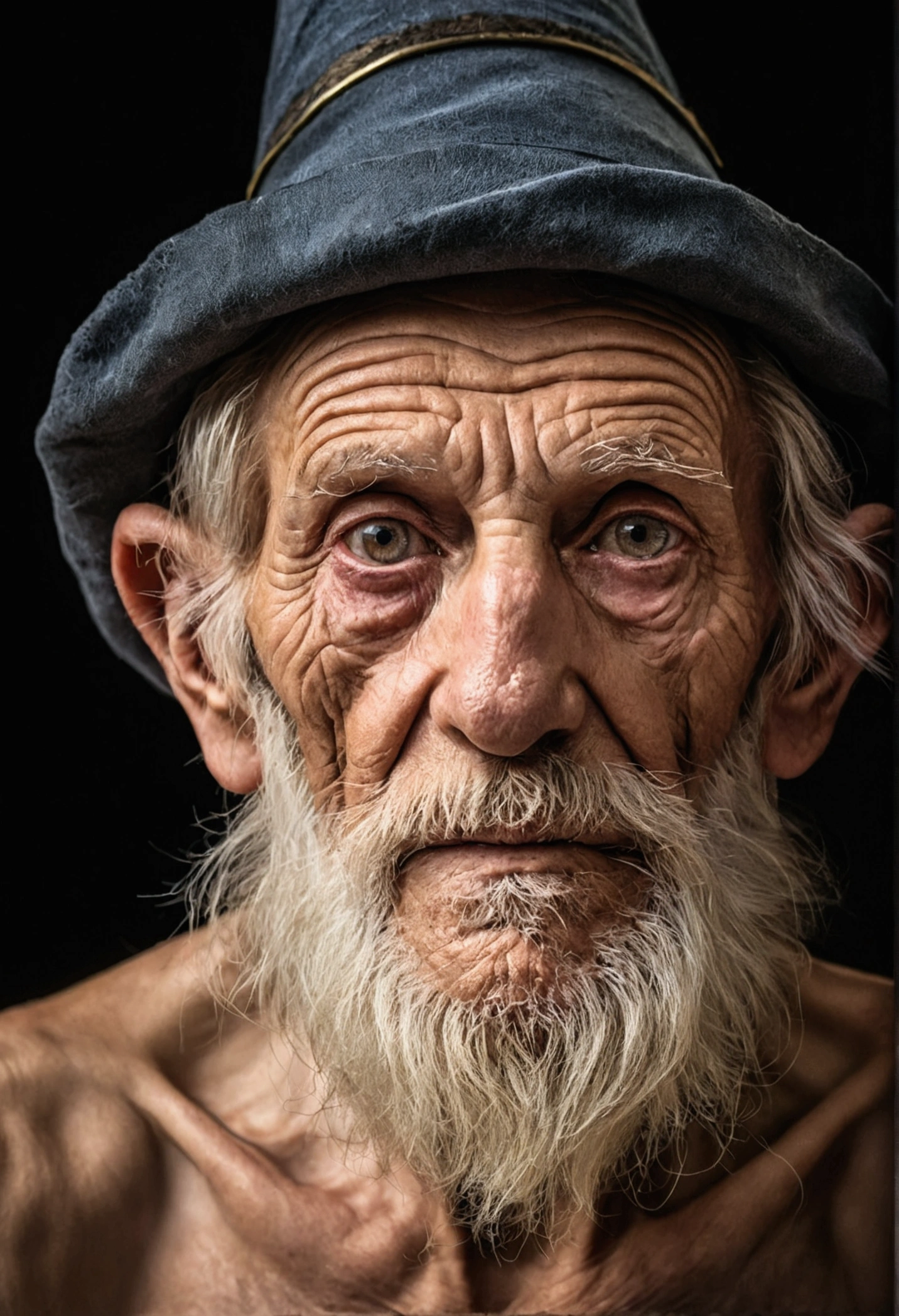 A portrait oF a wizard, barba, wrinkled, senior citizen, with piercing eyes, Detailed Face, naked body weak older skinny hairy, High details, fot, studio shadow, rim-light, Nikon D850, 50mm, F/1.4