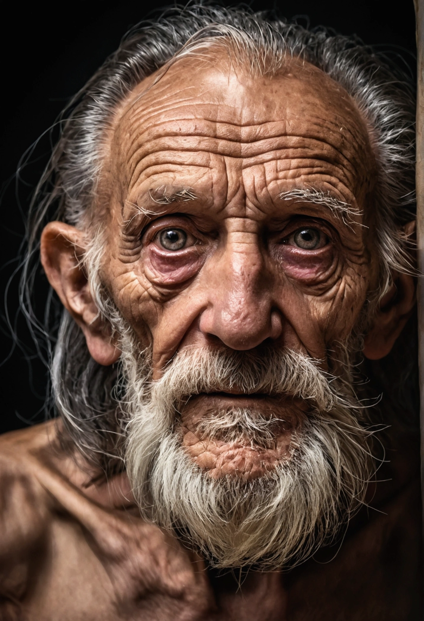 A portrait oF a wizard, barba, wrinkled, senior citizen, with piercing eyes, Detailed Face, naked body weak older skinny hairy, High details, fot, studio shadow, rim-light, Nikon D850, 50mm, F/1.4