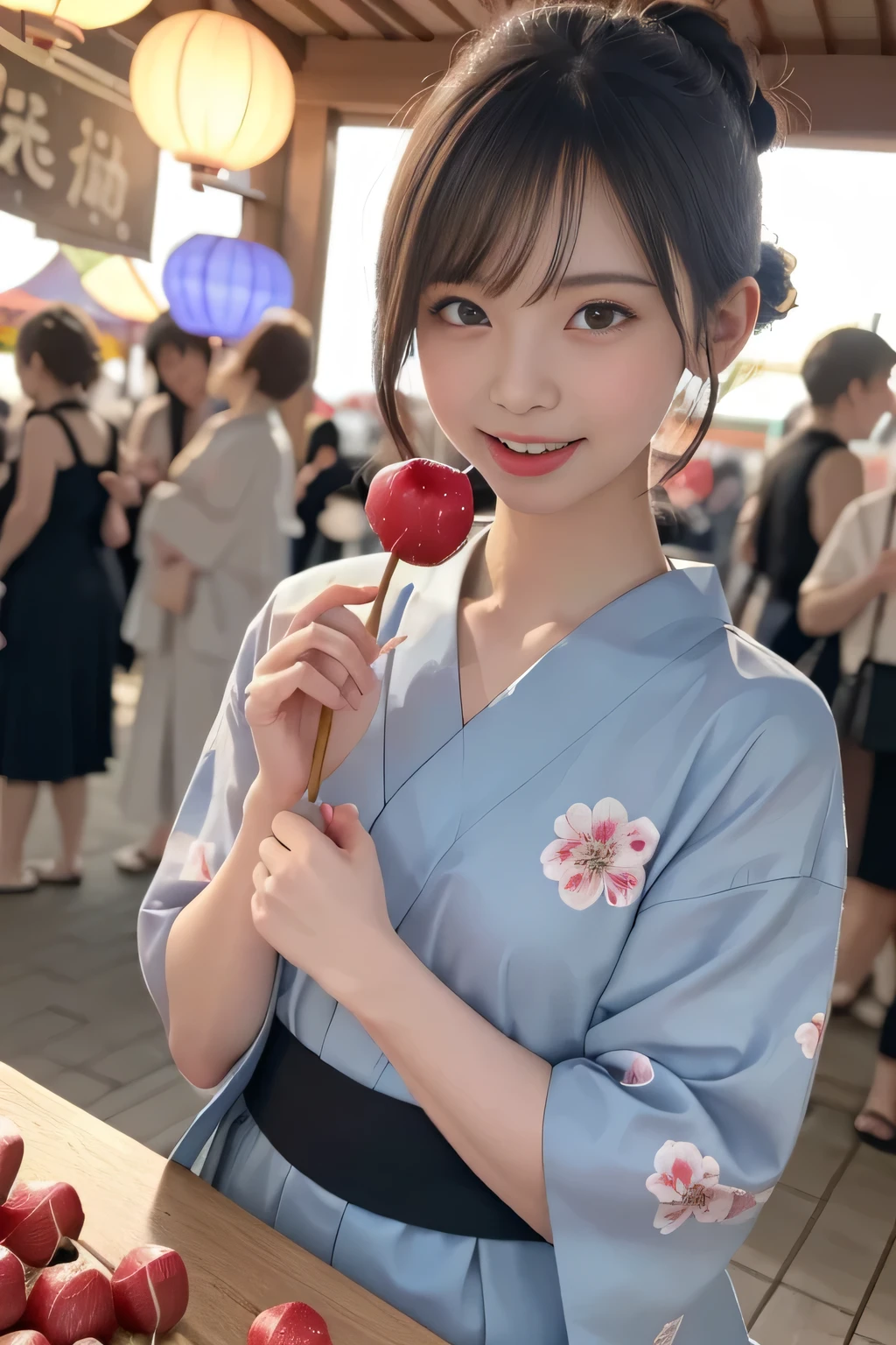 top-quality,fullbody shot,,super high resolution,(Realistic:1.4),Raw photography, Jersey,
generally,Girl in A floral Yukata,Blowing in the wind,Summer festival,night,Opening a store,Spirit Stream,Large fireworks, short hair bun Break 8K, (RAW Photos: 1.2), (realism: 1.4), (Tabletop: 1.3), (Exquisite detail: 1.2), Delicate and beautiful details, (Eye details), (Facial details), (highest quality) :1.4), (Super Resolution: 1.2), Cinematic light, (Highly detailed illustration), (eyelash, highest quality, Super Resolution, Depth of written boundary, Wide Light, Natural Shadows,random cute pose, shy smile, (Stick your tongue out:1.2), (Licking a Candy apple on a stick:1.2), (Japanese Summer festival:1.2),
