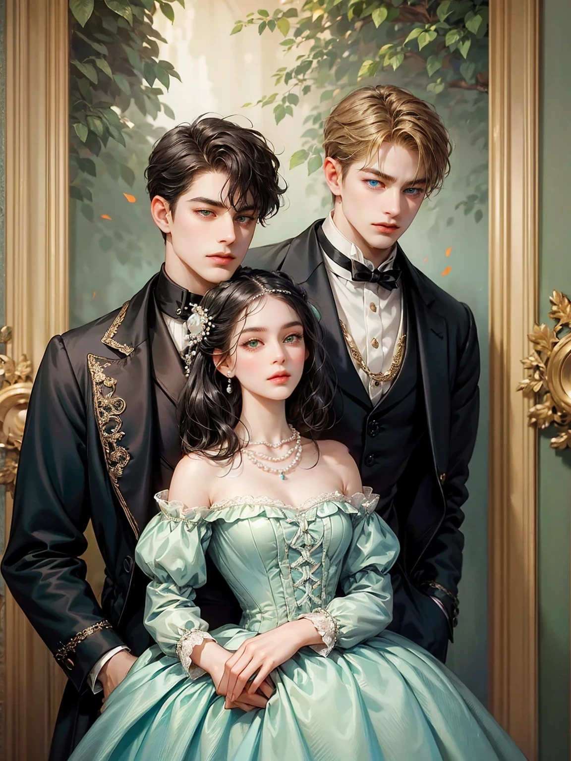 The boy has short blonde hair, sky blue eyes. No Asian somatic traits. He looks at the viewer. He wears a male Victorian era dress. Background inside of a hall
