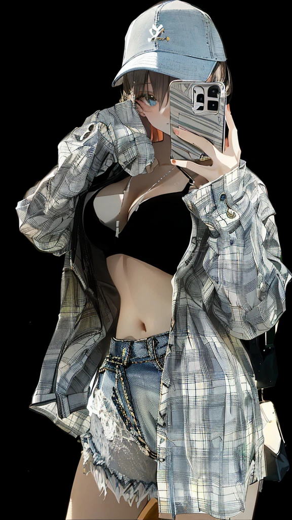 taking selfies with their mobile phone,Beauty 2 female model, plaid shirt, Wearing a shirt,Revealing clothes,plaid shirt,plaid shirt, Revealing clothing, Cardigan,Cleavage,Veled,Denim shorts