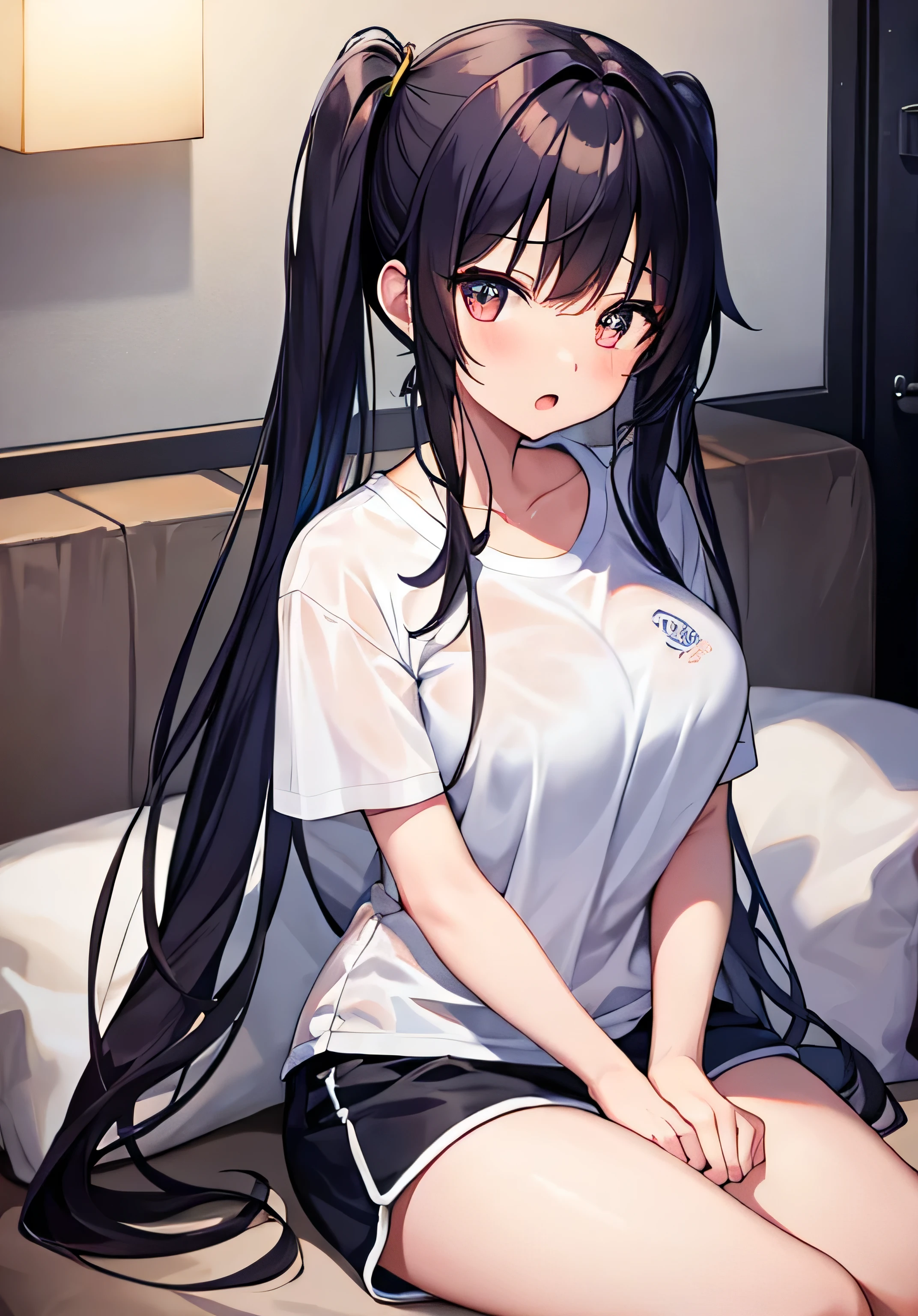 masterpiece、Highest quality、Ultra-high resolution、age girl with big breasts、twin tail hairstyle、black hair、Red face、shyly、open your mouth just a little、white T-shirt、lounge shorts、inside lounge room、sitting on the sofa、at night time