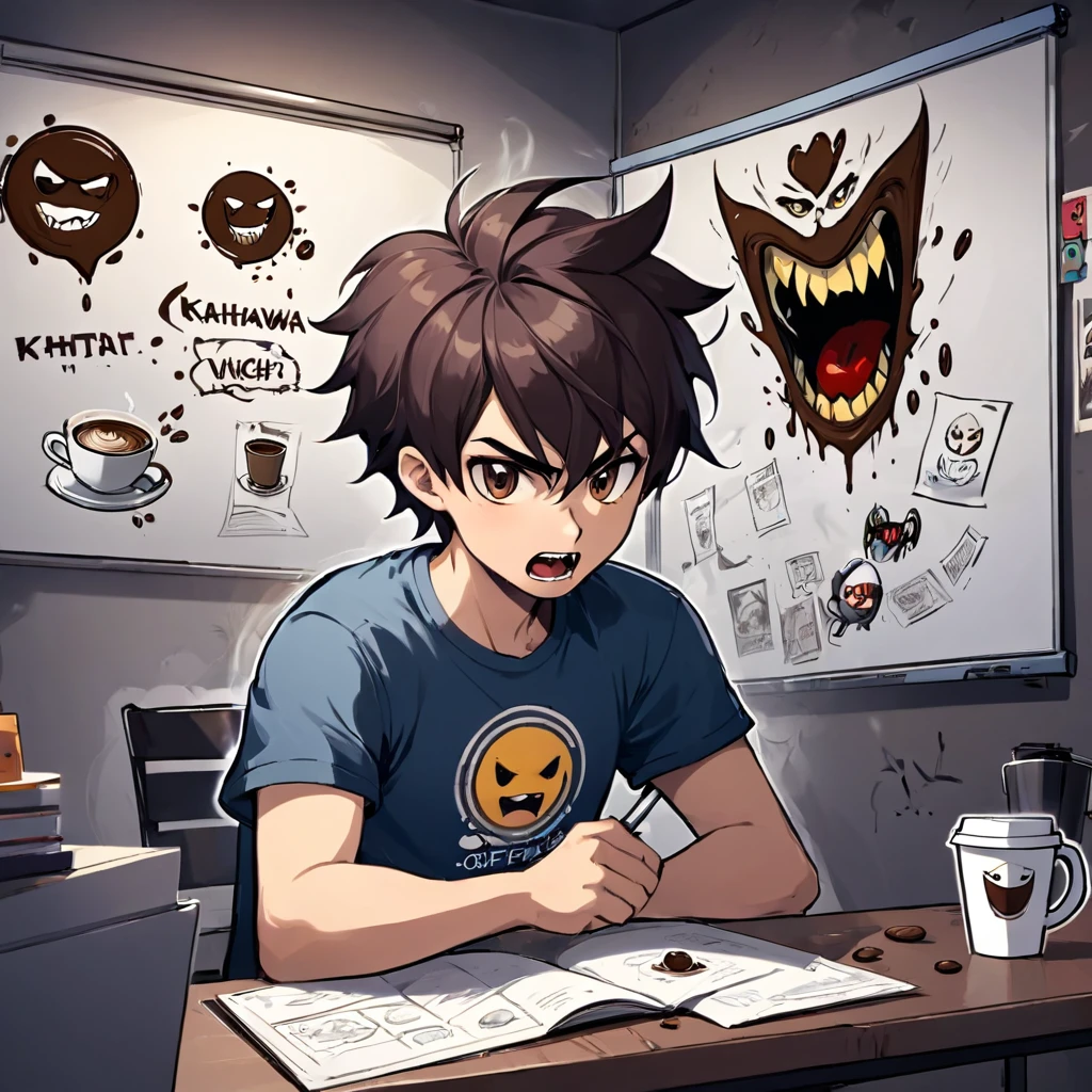 a gamer guy with tshit has logo Kahwaa , wirting a story a guy with tshirt has logo Kahwaa , fighting with an evil big cup of coffee , in a funny way , whiteboard with pictures and papers hung on it, evil dark room , there is a scary faces and Puzzles on the wall,