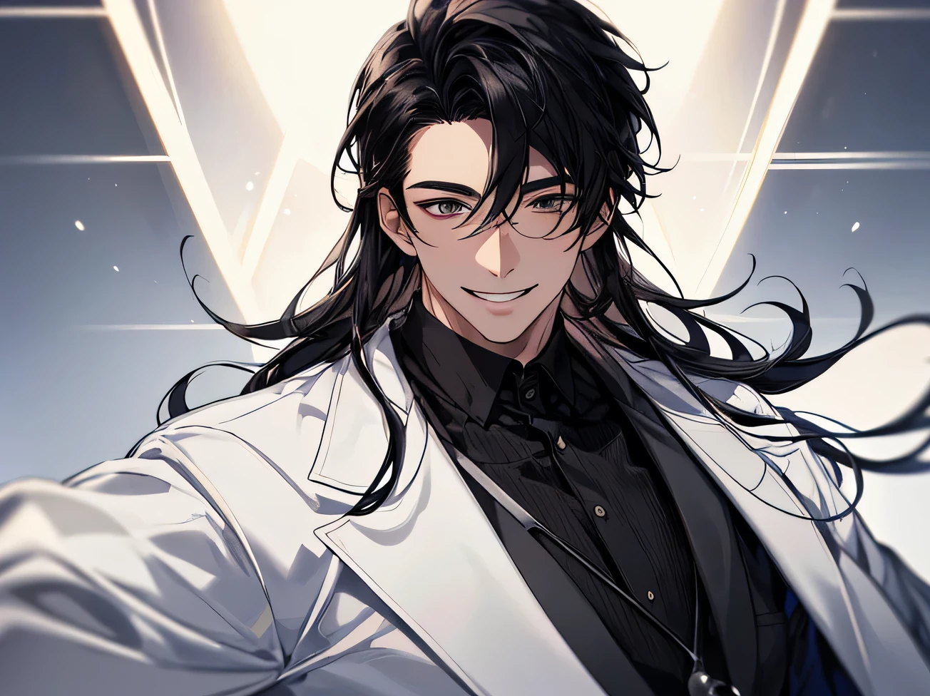 masterpiece,Dynamic Angle,Face close-up,masterpiece,30 year old mature male doctor,Horny,smile,One person、excited,transformation,Black Hair,Slightly longer hair, Scientist,Wear a white coat as a doctor's outfit,(White Undershirt 1.5),Background Research Room