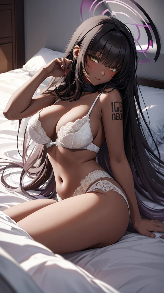 Masterpiece, best quality, long black hair, halo, sexy sleepware, white lingerie, see through nipple, lying on bed, morning situation, she is beside me, looking at viewer, little smile, big tits, her hands pat my head, 