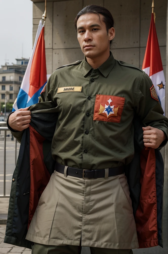 Gorille en tenue militaire brandissant le drapeau de la Corée du Nord dans sa main, se trouvant dans une ville, dans un style réaliste