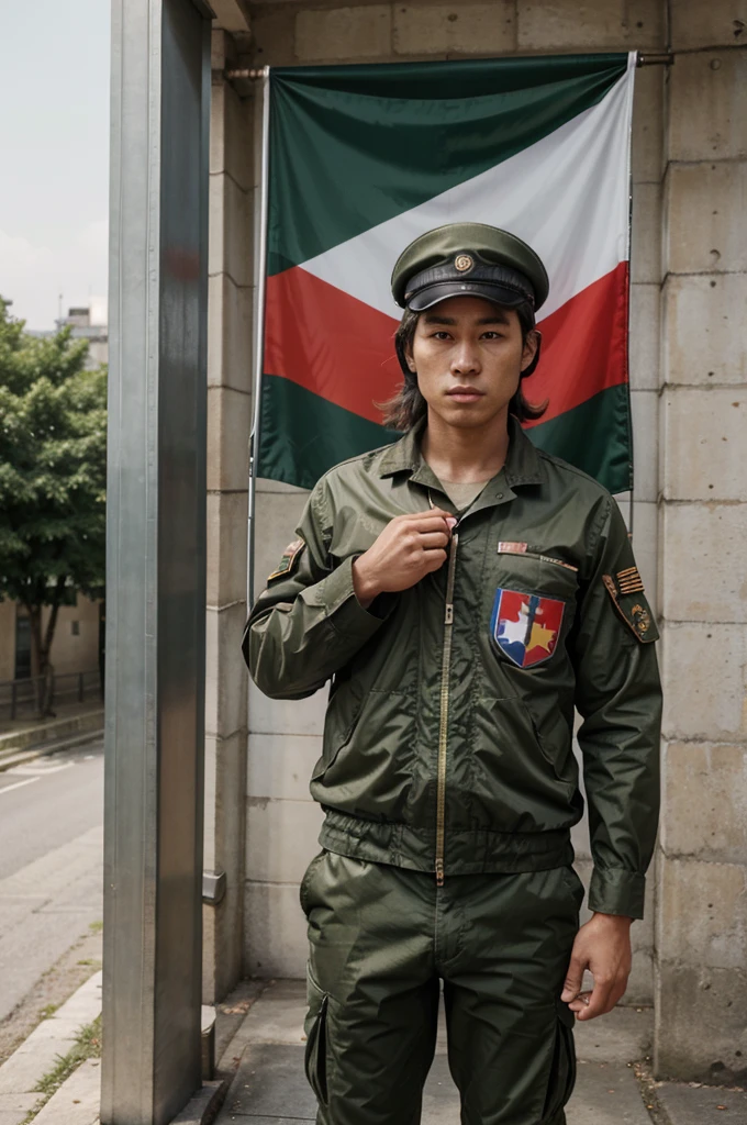 Gorille en tenue militaire brandissant le drapeau de la Corée du Nord dans sa main, se trouvant dans une ville, dans un style réaliste