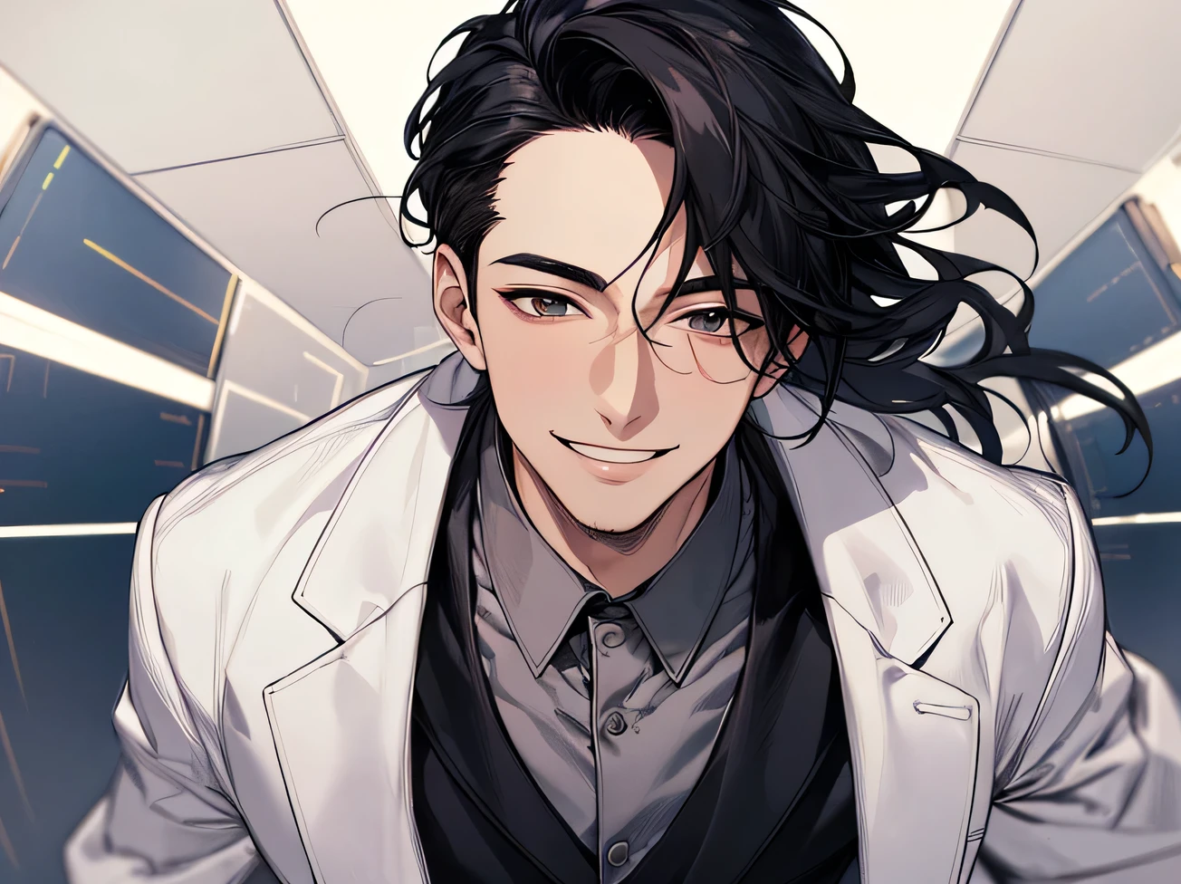 masterpiece,Dynamic Angle,Face close-up,masterpiece,30 year old mature male doctor,?????,smile,One person、excited,transformation,Black Hair,Slightly longer hair, Scientist,Wear a white coat as a doctor's outfit,(White Undershirt 1.5),Background Research Room
