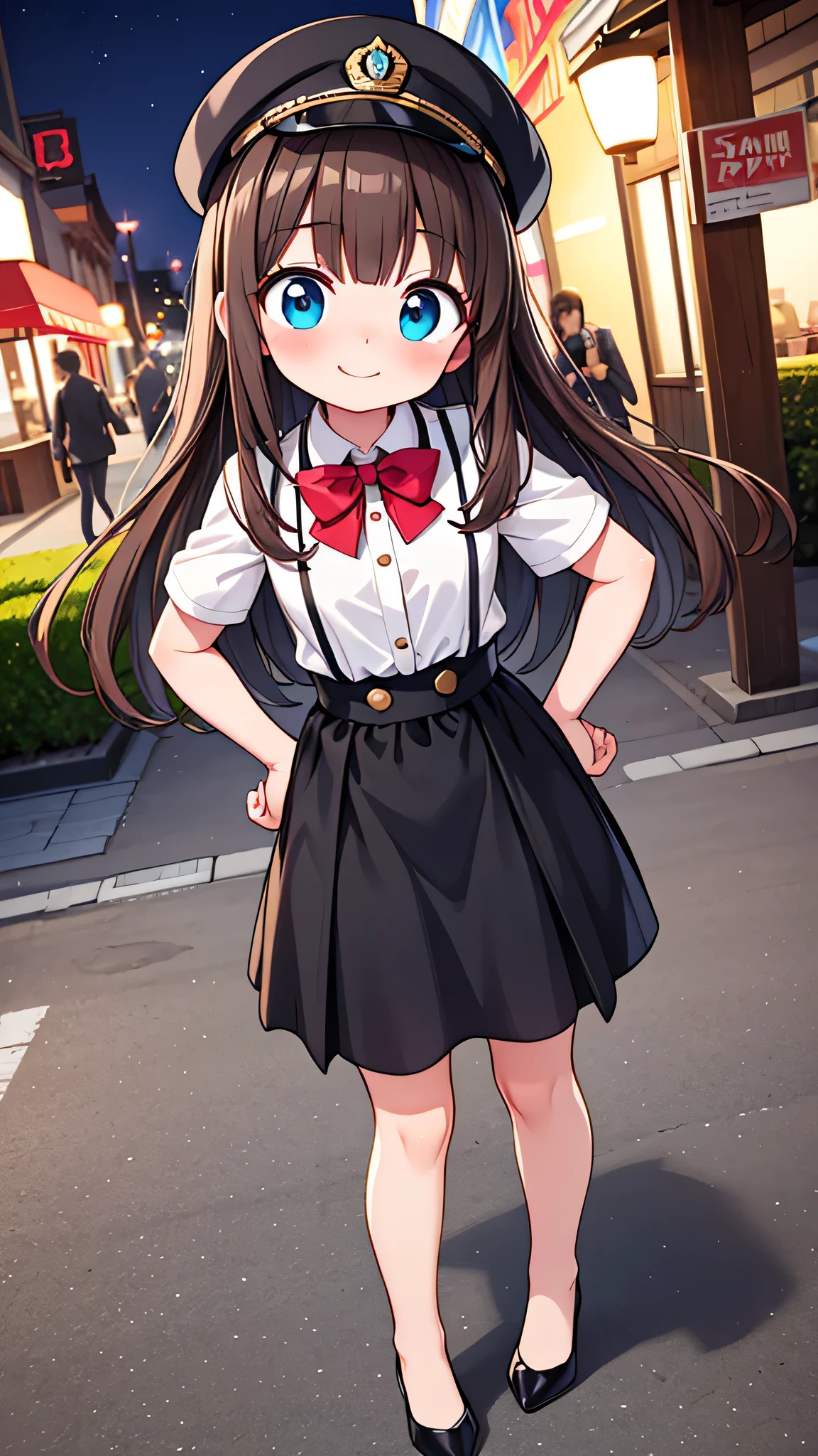 {Highest quality}, {Super beautiful},{Ultra fine},{Best illustration},Brown Hair,Hime cut,semi-long,Bangs,Slouching Woman,Uniform cap,White Shirt,Short sleeve,Long black skirt,Night Park,Embarrassed,smilingly,Blushing,Slender women, A woman wearing plain black pumps,Bare feet and pumps,From an angle,From above,Place hands on hips,