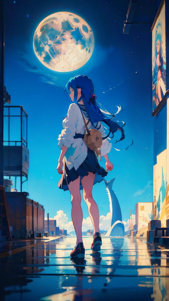 Blue-haired long hair,Design clothing,Seven-doppelganger shot,Anime style 4K,Anime girl with teal hair,High quality anime art style,Standing painting,Splash ink background,Blue Themes、Pure white background,Buildings,Face close-up,Buildings,Moon and sun、Long legs, whale flying in the sky,giant whale,輝く星々,天の川,輝く空