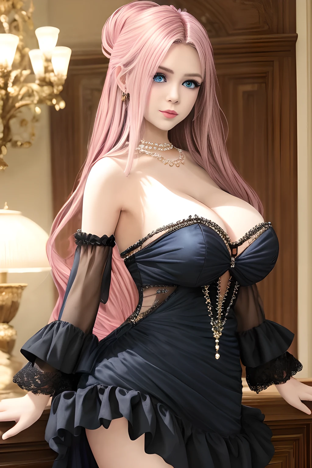 1girl is wearing an elegant black strapless dress. The dress is beautifully designed with ruching on the bodice and a cascading ruffled asymmetrical hem, adding a playful and chic touch to the outfit. The person is standing upright, with one hand gently touching their leg and the other hand relaxed by their side. The background is plain and neutral, drawing attention to the dress itself. The lighting is soft, highlighting the details of the dress and creating a fashionable and stylish atmosphere,, huge breasts, long hair, pink hair, blue eyes, Elise