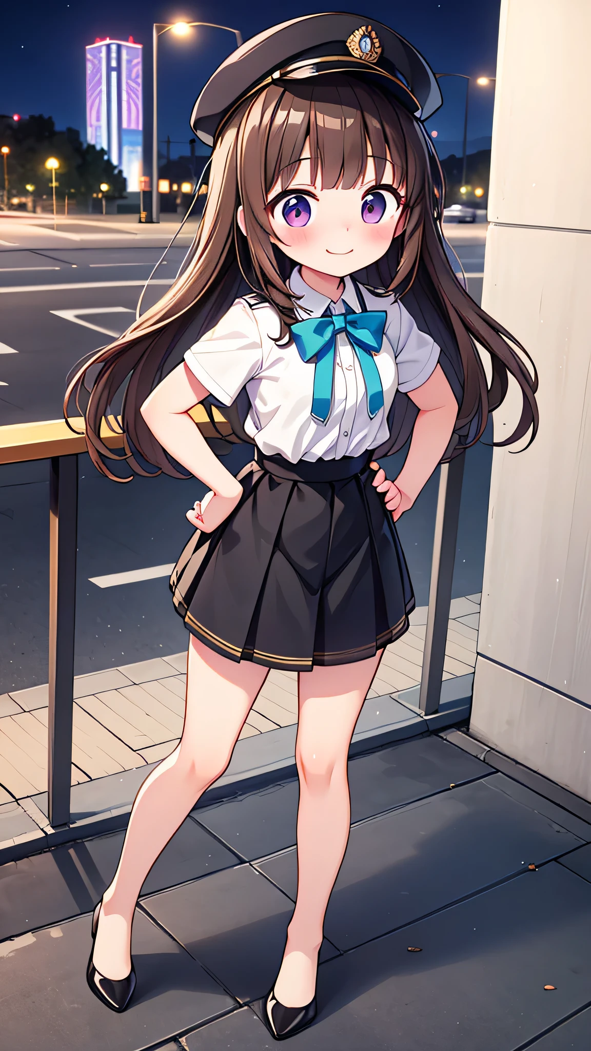 {Highest quality}, {Super beautiful},{Ultra fine},{Best illustration},Brown Hair,Hime cut,semi-long,Bangs,Slouching Woman,Uniform cap,White Shirt,Short sleeve,Long black skirt,Night Park,Embarrassed,smilingly,Blushing,Slender women, A woman wearing plain black pumps,Bare feet and pumps,From an angle,From above,Place hands on hips,