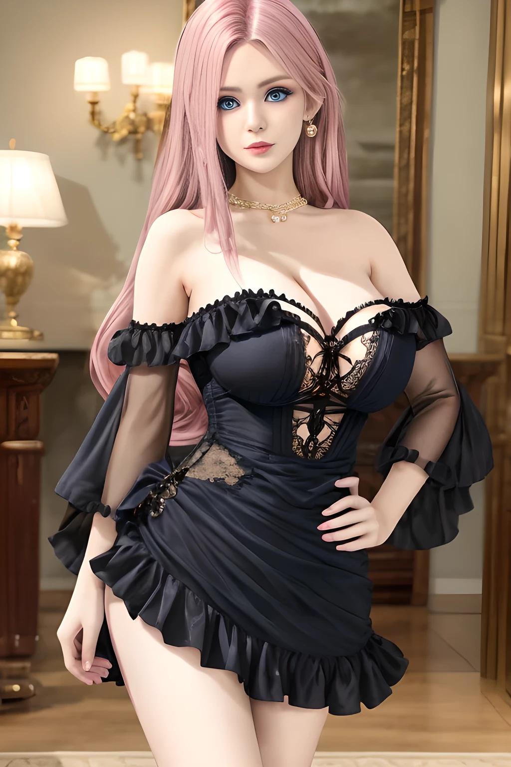 1girl is wearing an elegant black strapless dress. The dress is beautifully designed with ruching on the bodice and a cascading ruffled asymmetrical hem, adding a playful and chic touch to the outfit. The person is standing upright, with one hand gently touching their leg and the other hand relaxed by their side. The background is plain and neutral, drawing attention to the dress itself. The lighting is soft, highlighting the details of the dress and creating a fashionable and stylish atmosphere,, huge breasts, long hair, pink hair, blue eyes, Elise