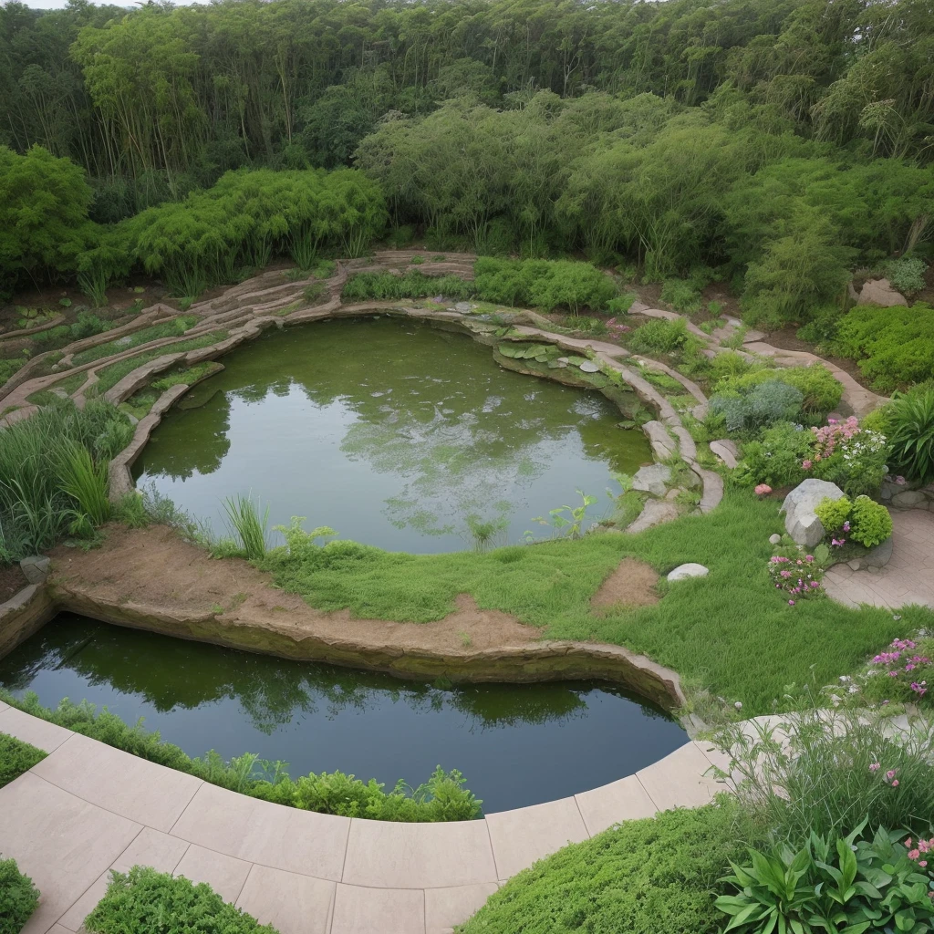 Help me create a landscaping project, viewed from the top, com plantas, a small lake