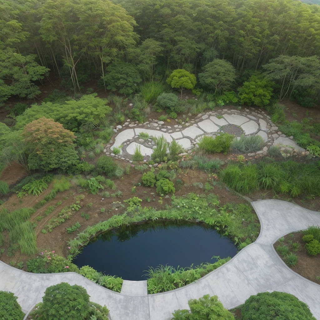 Help me create a landscaping project, viewed from the top, com plantas, a small lake