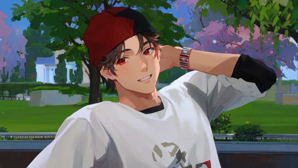 boy wearing red cap and white shirt, skin tanned, , anime boy