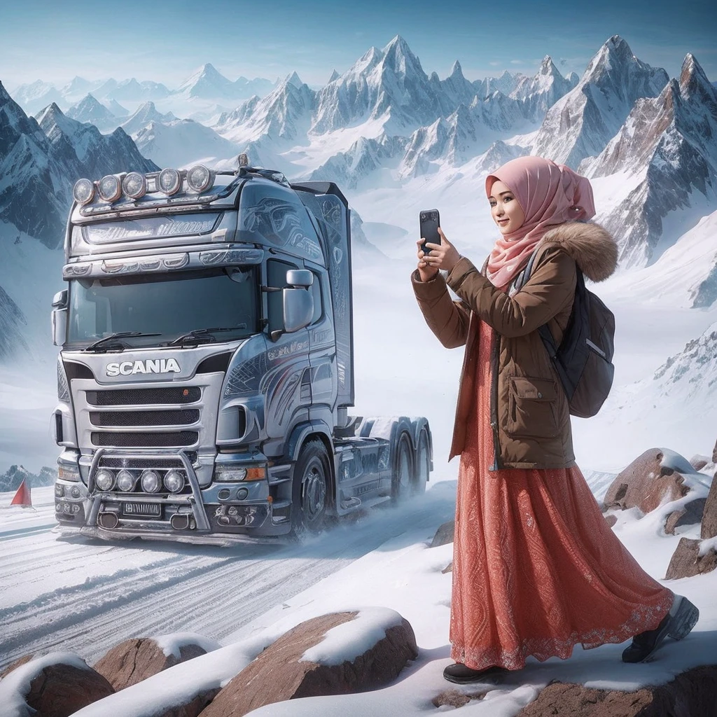  Indonesian woman wearing a hijab, wearing a Muslim dress, snow jacket, bending over to take a photo of a truck Scania racing with a smartphone, background image of realistic mountains in full ultra HD detail